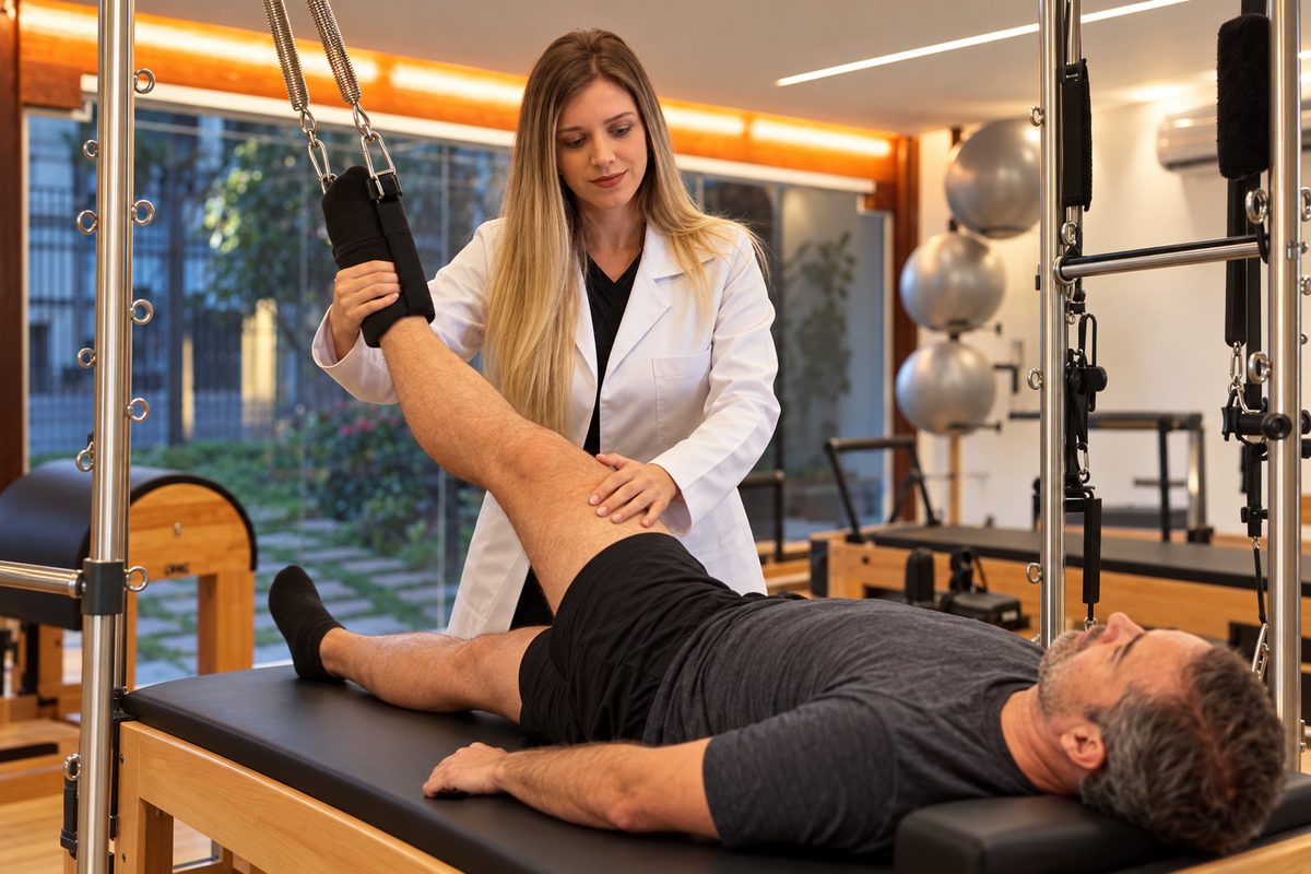 Fisioterapeuta Gabriela guiando um paciente em exercício no cadillac